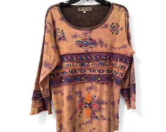 Y2K Boho Embroidered Tunic Top Large Art To Wear Festival Cotton