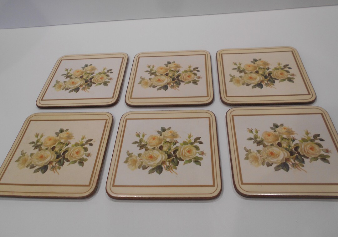 Set of 6 Pimpernel Cork Backed Coasters Pale Yellow Roses Etsy