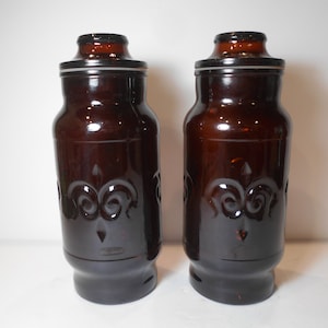Vintage Brown Amber Glass Apothecary Bottles w Fleur de Lis - Owens-Illinois Glass Co
