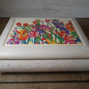 Wood Musical Jewelry Box with Inlaid Floral Ceramic Tile
