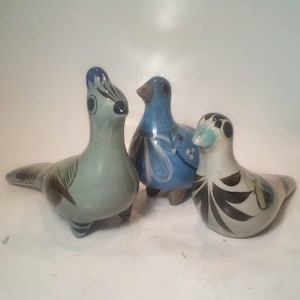 3 Mexican Floral Ceramic Pottery Bird Figurines Quail Doves Birds