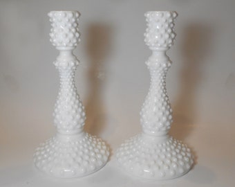 Set of 2 White Milk Glass Hobnail Candlestick Holders 8.75"