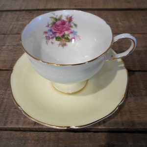 Paragon Tea Cup and Saucer Set - Pale Yellow with Pink Rose and Florals - To Her Majesty the Queen