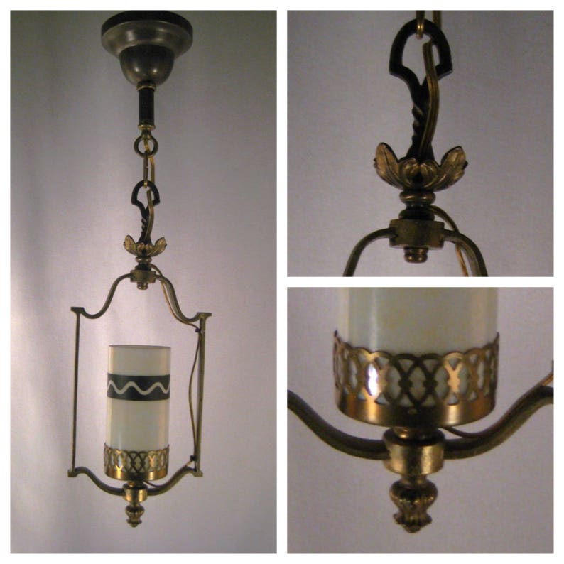 A7393 Vintage Cast Brass Harp Pendant Hall Ceiling Light Fixture 1920's image 2