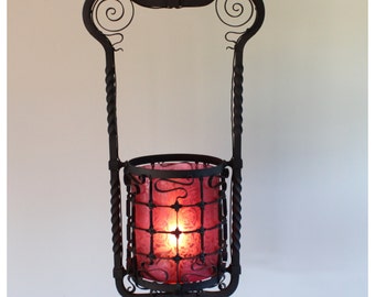 A4408 Aniue Circa 1870's Hand Wrought Iron Intricate Hanging Lantern with Deep Etch Cranberry Glass Shade