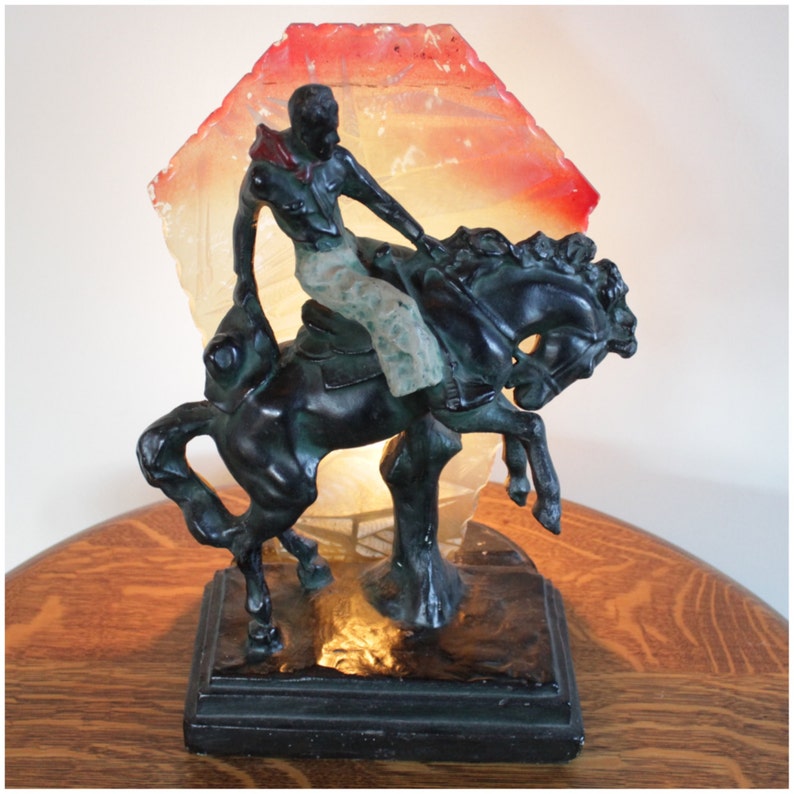 A1701 Antique Novelty Cowboy Lamp Chalkware Bucking Bronco Table From 1920 S 1930