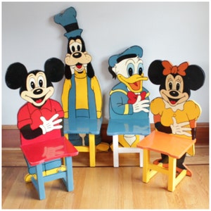 F3136 Vintage Disney Folkart Set of 4 Mickey Mouse Wooden Hand Made & Painted Child's Chairs image 1