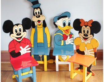 F3136 Vintage Disney Folkart Set of 4 Mickey Mouse Wooden Hand Made & Painted Child's Chairs