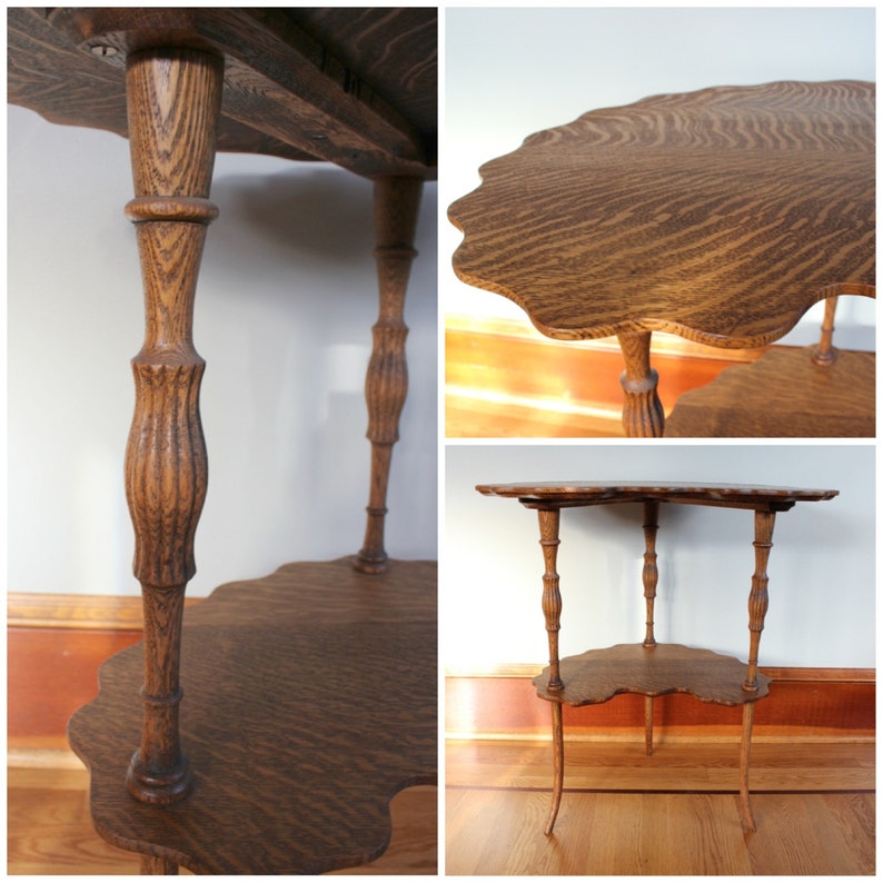 F4480 Antique American Quartersawn Oak Crescent Lamp, Occasional, Side Table with scalloped edge image 2