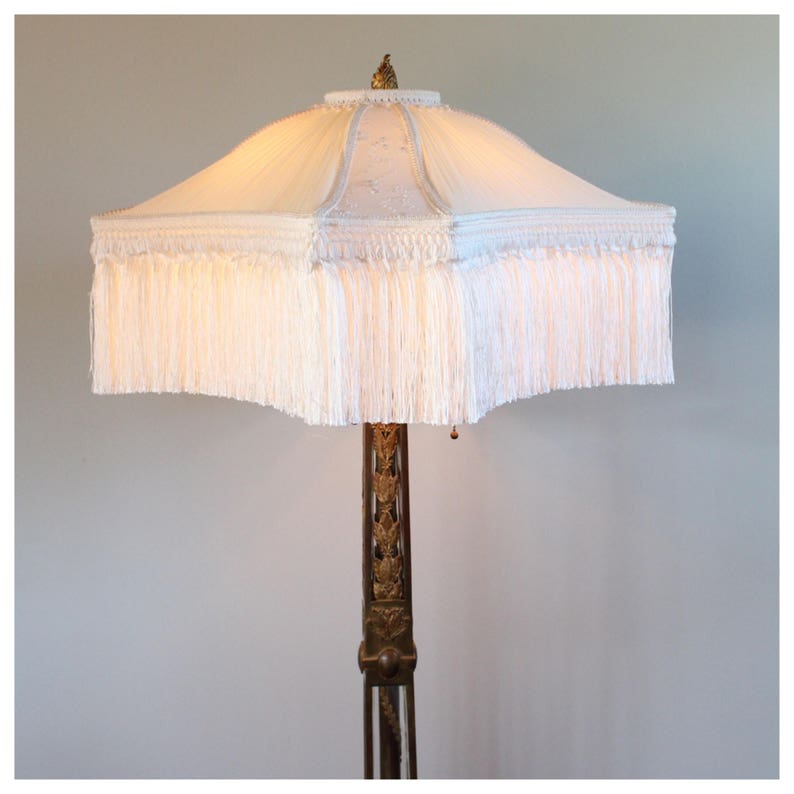 A8331 Antique Neoclassical Brass Glass Floor Lamp With Fringed Shade