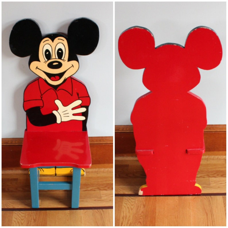 F3136 Vintage Disney Folkart Set of 4 Mickey Mouse Wooden Hand Made & Painted Child's Chairs image 2