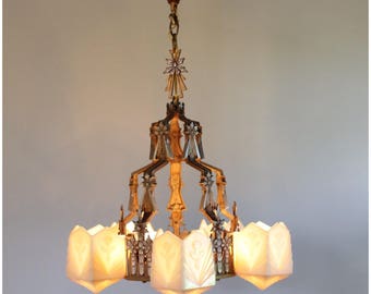 A8227 Art Deco Chandelier with geometric slipper glass shades