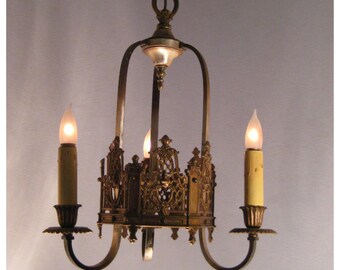 A4882 Antique Cast Bronze Three Candle Ceiling Chandelier Light Fixture