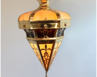 A3112 Vintage Slag Glass Globe Pendant Ceiling Light Fixture Brass and Slag Glass