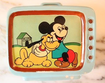 M9002 Vintage Disney 1960's rare ceramic television set bank of Mickey and Pluto