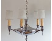 A2979 Antique Circa 1920's Chrome 5 Candle Hanging Ceiling Light Chandelier with pleated frosted glass clip on shades