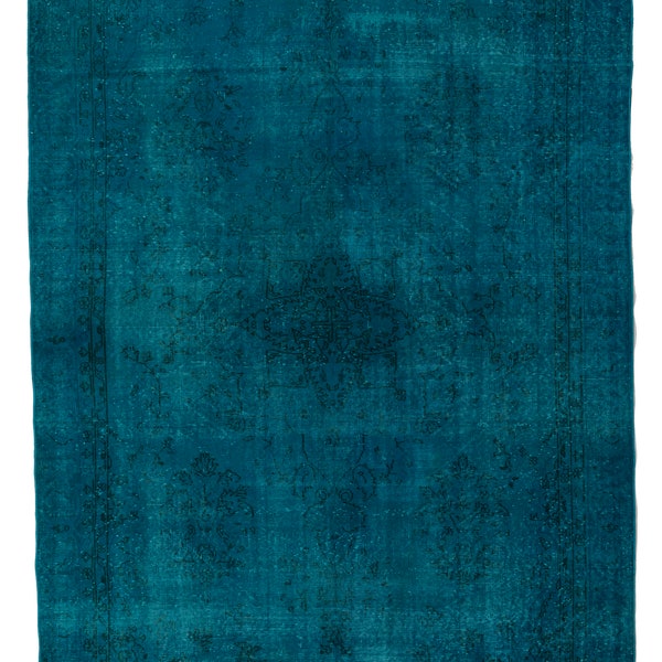 6.7x11.2 Ft Vintage Handmade Turkish Rug. Wool Rug Over-dyed in Teal Blue. Ideal for Modern Office & Home decor.  D153