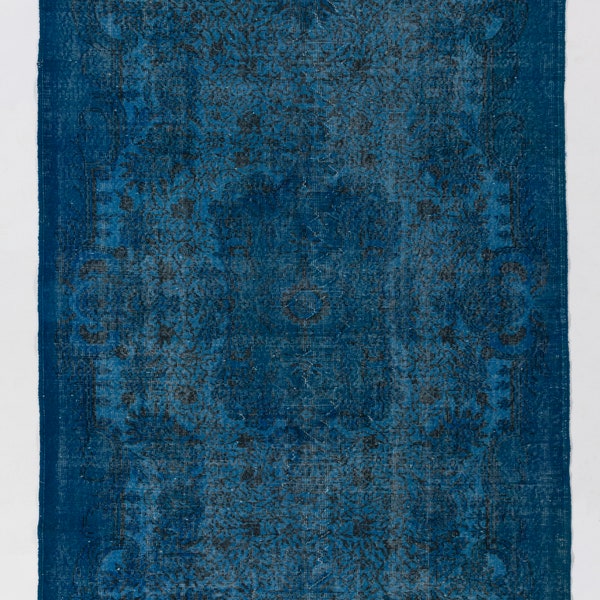 5.7x9.5 Ft Indigo Blue color Overdyed Vintage Rug. Wool Hand-knotted Carpet for contemporary Office & Home decor.   D165