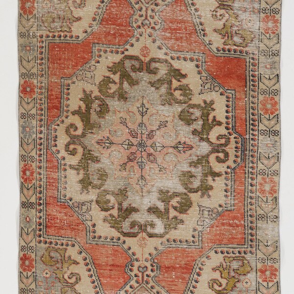 4x7.2 Ft  1950s Turkish Village Rug. Distressed Wool pile, Beautiful soft colors. Old Handmade carpet for home & office decor.  c107