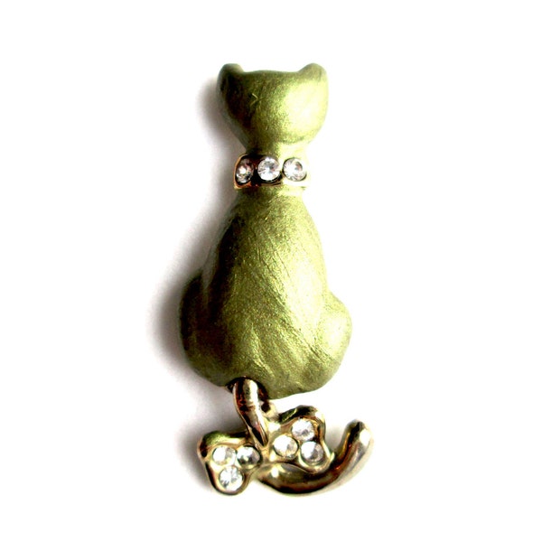 Vintage Figural Green Satin Finish Enamel Cat Lapel Tack Scatter Pin Swinging Tail Bow Rhinestone Gold Tone Clutch Signed BALLOU REG'D