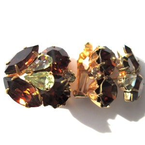 Vintage Signed Triad Topaz Rhinestone Claw Set Gold Tone Clip On Earrings Chunky Statement Russet Brown Lemon Yellow Navette Pear Large image 1