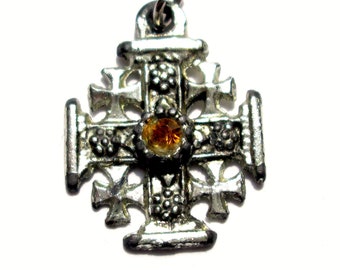 Vintage JERUSALEM Five Fold Cross Medal Pendant Charm Order of The Holy Sepulcher Silver Tone Amber Yellow Citrine Rhinestone Heraldic