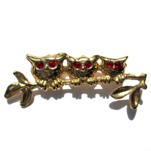 Vintage Three Owl Family Owls on a Branch Ruby Red Rhinestone Eyes Brooch Figural Gold Tone Brooch Pin Cute Fun Whimsical 3 Trio Sweet