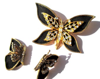 Vintage Henry A La Pensee Butterfly Demi Parure Clip On Earrings Brooch Velvet Gold Tone Clear Rhinestones Made In France Trombone Clasp