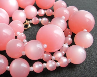 Vintage Pink Moonglow Thermoset Beaded Single Strand Necklace with Faux Pearl Seed Bead Spacers Matinee Length