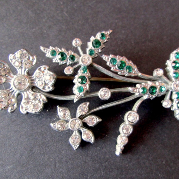 Vintage Floral Spray Brooch Signed CZECHO Silver Tone Emerald Green & Clear Rhinestones Wire 5 Petal Flower Czechoslovakia Art Nouveau