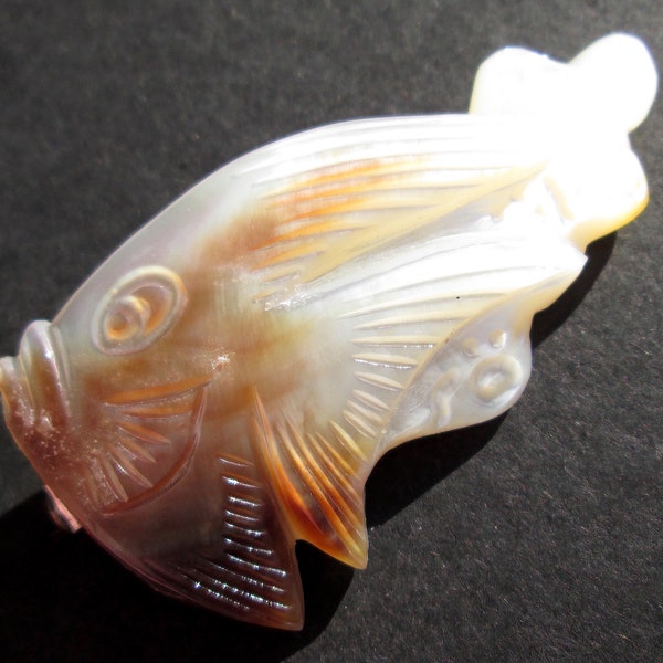 Wonderful Vintage Brooch Hand Carved Tropical Angel Fish Bubbles Shell MOP Mother of Pearl Trombone Clasp Catch Marked DEPOSE Forties Reef