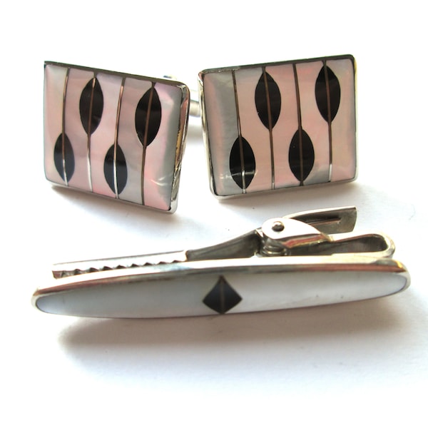 Wonderful Vintage Cuff Link and Tie Clip Set White Mother of Pearl MOP with Black Geometric Minimalist Modernist Design Bar Links Cufflink