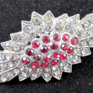 Vintage Unusual Art Deco Starburst Flower Daisy Clear & Ruby Red Rhinestone Pave Scent Perfume Holder Brooch C Catch marked PAT. APLD. FOR