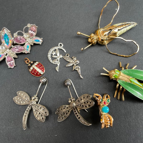 Vintage Jewelry Lot Wear Repair Repurpose Crafts Harvest Junk Drawer Bug Themed Bugs Dragonfly Damselfly Ladybug Butterfly Hattie Carnegie