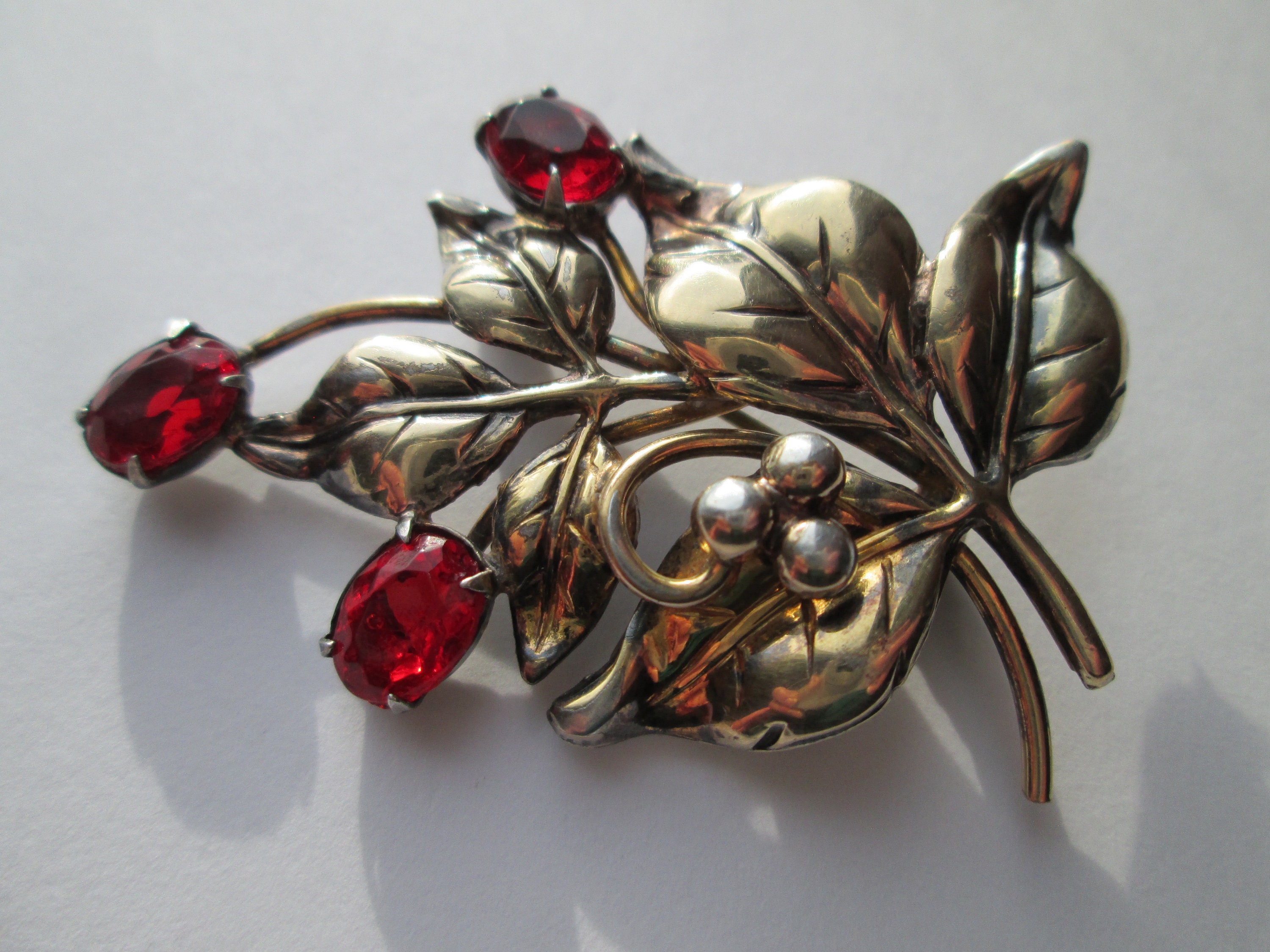 Stunning Vintage Brooch Pin Marked STERLING 1/20 12K GF Gold Filled Three 3  Ruby Red Oval Claw Set Unfoiled Rhinestones Floral Spray Silver 