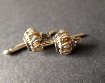 Wonderful Vintage Tuxedo Shirt Studs Gold Tone Miniature Royal Crowns Clear Rhinestone Accents Formal Black Tie Wedding