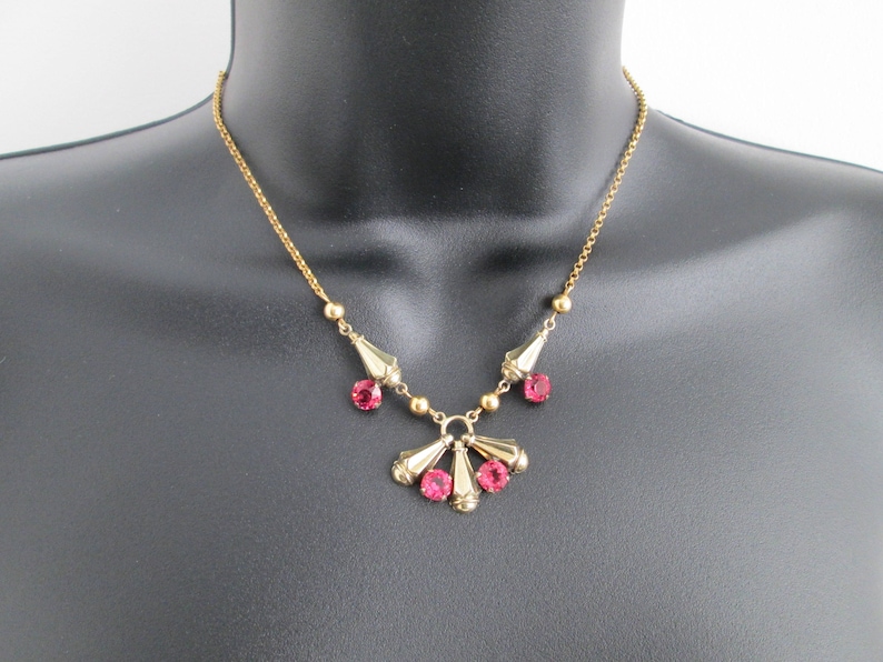 Stunning Vintage Signed 120 10K AMCO GF Yellow Gold Filled Claw Set Bright Shocking Pink Sapphire Tourmaline Rhinestones Necklace Pressed
