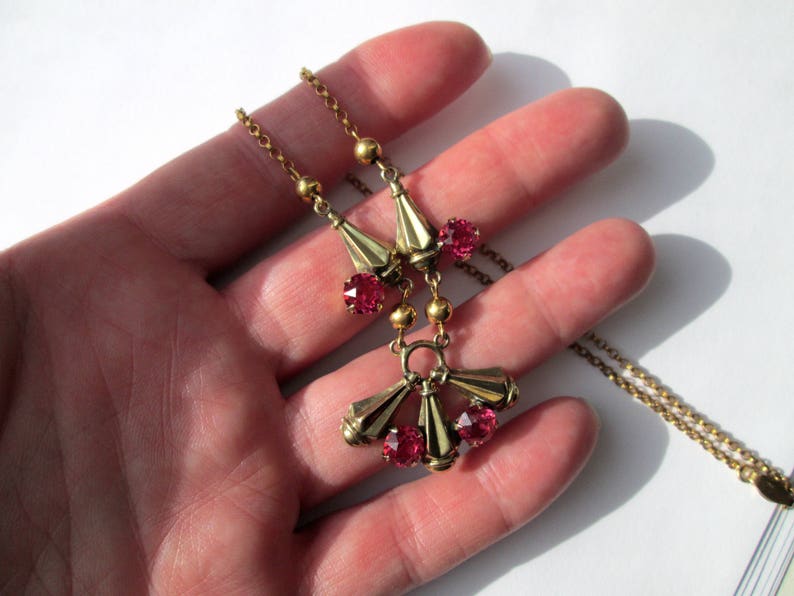 Stunning Vintage Signed 120 10K AMCO GF Yellow Gold Filled Claw Set Bright Shocking Pink Sapphire Tourmaline Rhinestones Necklace Pressed