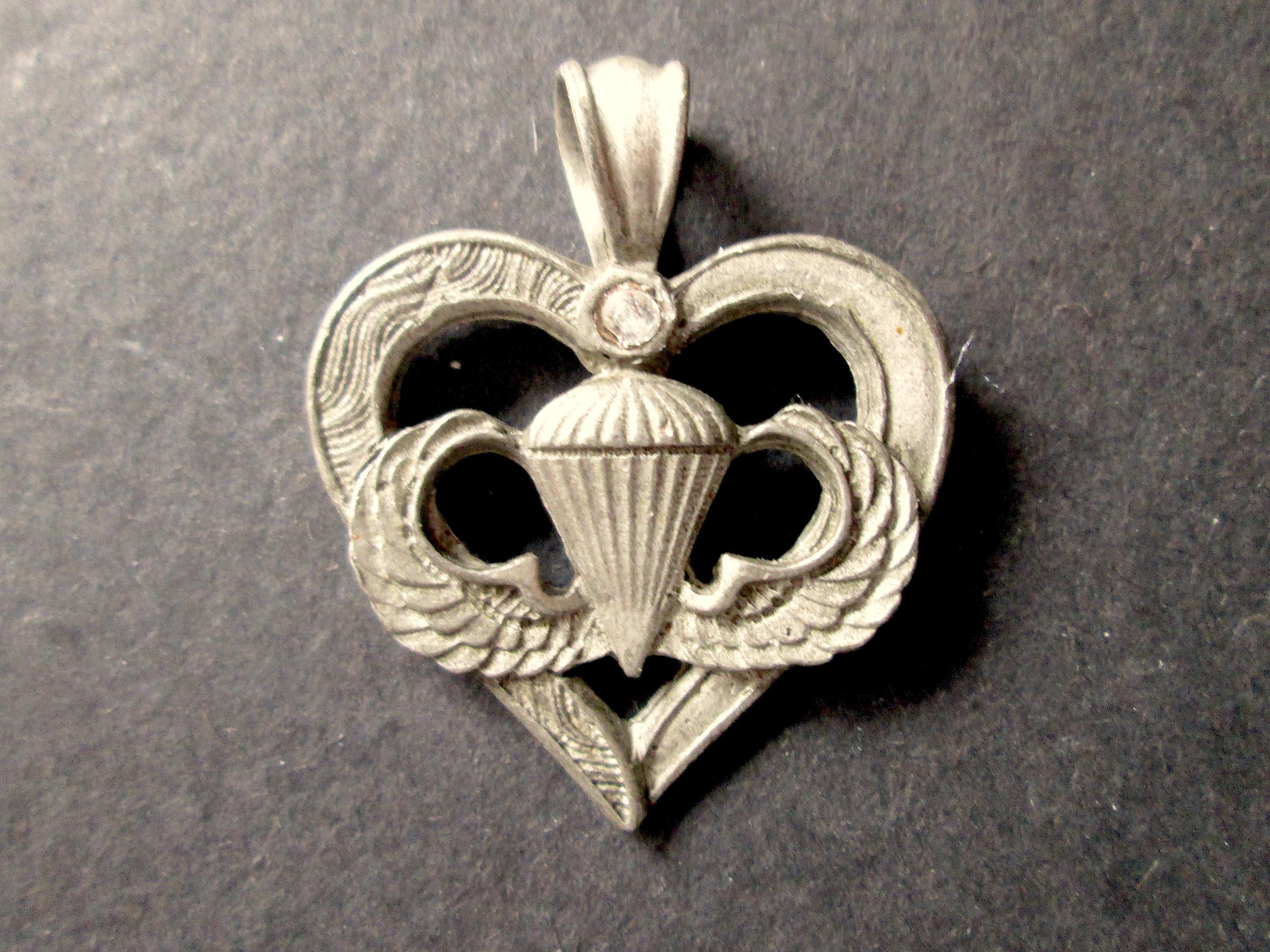 Vintage WWII US Army Paratrooper Heart Pendant Matte Silver Tone