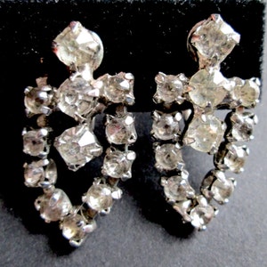 Vintage Clear Rhinestone Screw Back Earrings Art Deco Art Nouveau Silver Tone