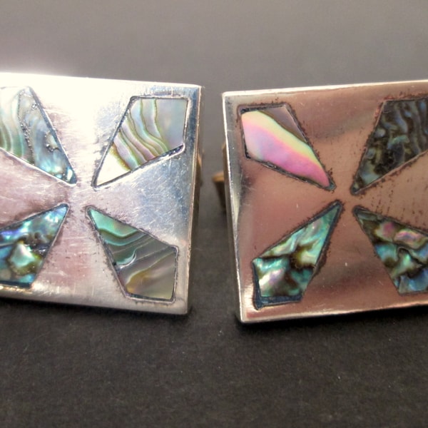 Wonderful Vintage Cuff Links Cufflinks Stamped CJ Sterling Silver 925 10.2g Hallmarked Abalone Inlay Inlays Inlaid Brass Findings Square Geo