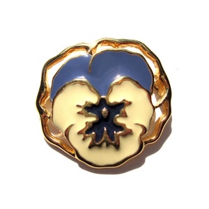 Vintage Avon Full Bloom Pansy Brooch Flower Enamel Enameled Opaque Cream Periwinkle Indigo Navy Shades of Blue Gold Tone Denim Tones image 3