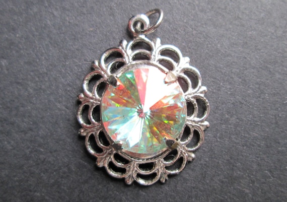 Vintage Silver Tone Filigree Pendant with Claw Set AB Aurora Borealis Rivoli Rhinestone Dainty Delicate Pressed Stamped Cutout Sparkly Glowy View 4