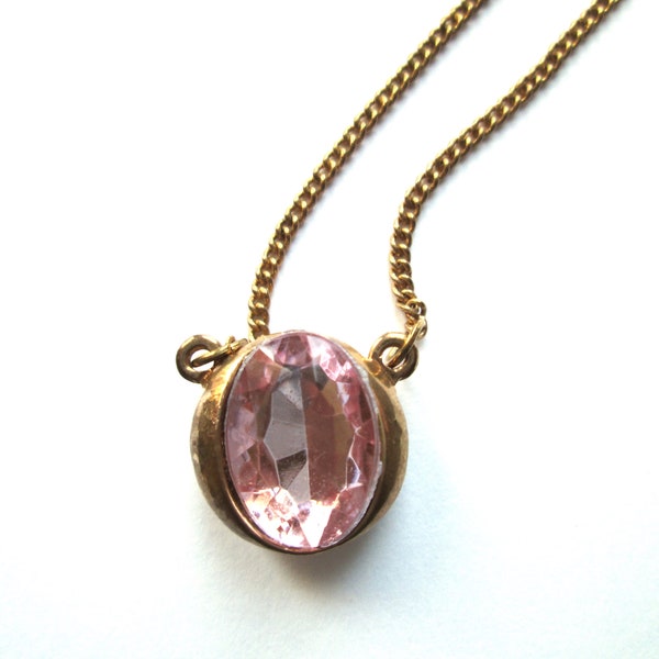 Sweet Faceted Pale Pink Oval Rhinestone Pendant Necklace Gold Tone Chain Faux Topaz Sapphire Eye Bubble Setting Acrylic Foil Back Puffy