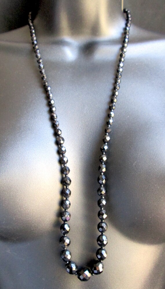 Vintage Faceted Faux Onyx Jet Black Glass Bead Gr… - image 1