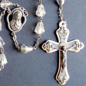 Vintage Large Bicone Teardrop Bead Rosary Clear Crystal Silver Coating Faith Catholic Christian