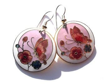 Adorable Vintage Earrings Dangle Drop Enamel Enameled Butterfly Circle Circular Disc Floral White Pink Gold Tone Earwire Guilloche Delicate