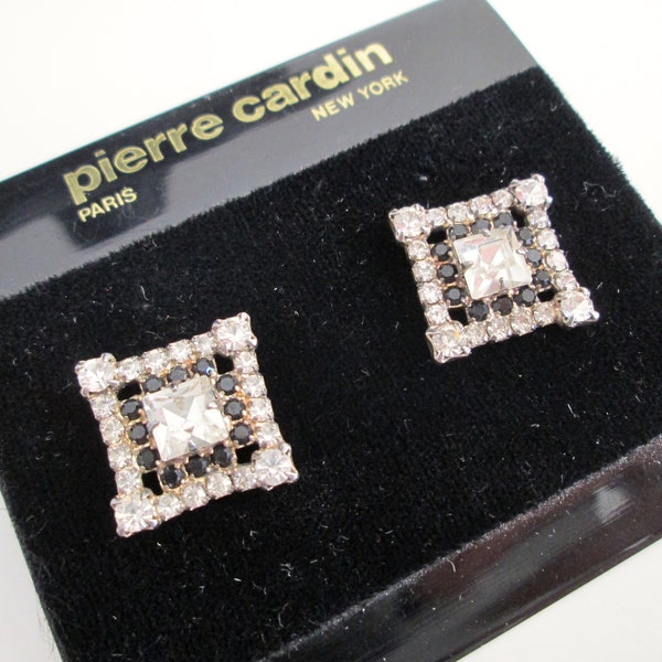 Vintage NOS Pierre Cardin Card Earrings Princess Cut Clear And Black Rhinestones Square Claw Set Pierced Post Stud Silver Tone Sparkly