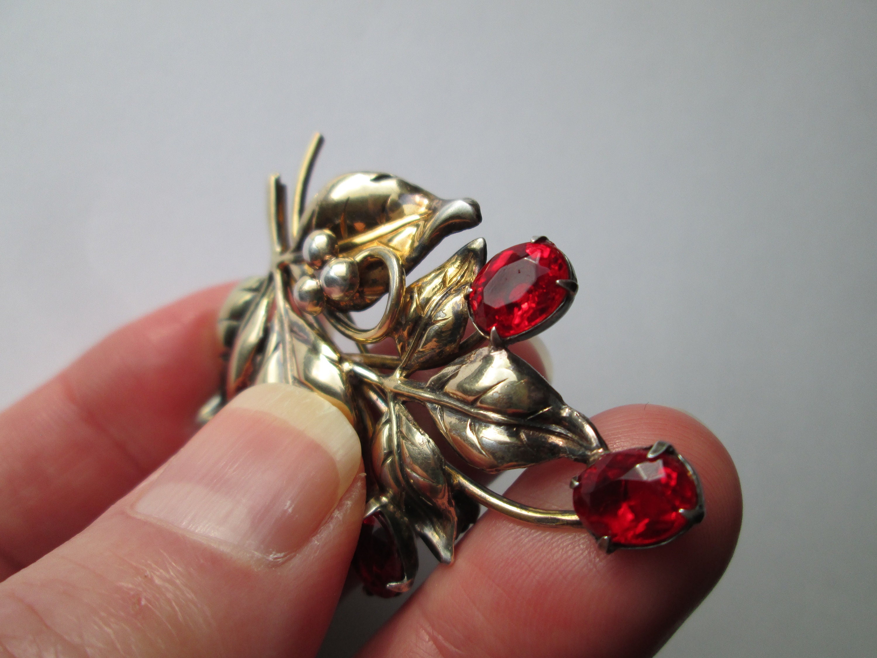 Stunning Vintage Brooch Pin Marked STERLING 1/20 12K GF Gold Filled Three 3  Ruby Red Oval Claw Set Unfoiled Rhinestones Floral Spray Silver 