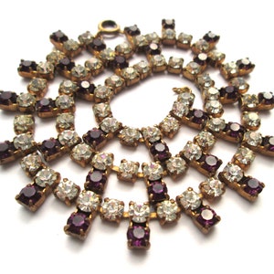 Vintage Two Color Rhinestone 15 inch Collar Choker Necklace Bicolor Sparkly Amethyst Purple Clear Claw Set Gold Tone Spring Ring Clasp Drop